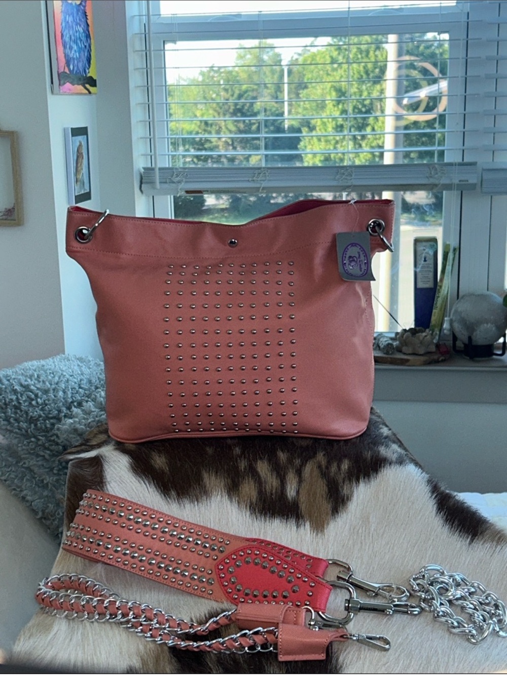 Sharif NWT Coral Pink Studded Tote with Leather Studded Strap and Chain Straps - Picture 3 of 12